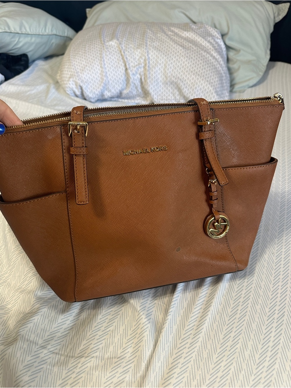 MICHAEL KORS Cognac Saffiano Leather Tote with Gold Logo Charm